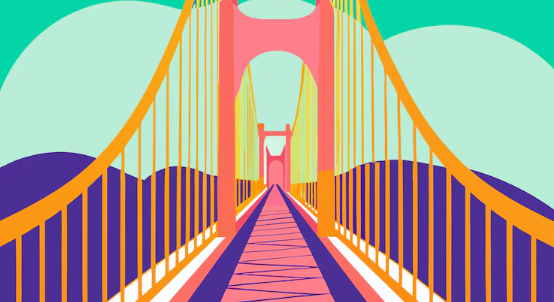 Vista en perspectiva del tablero de un puente colgante